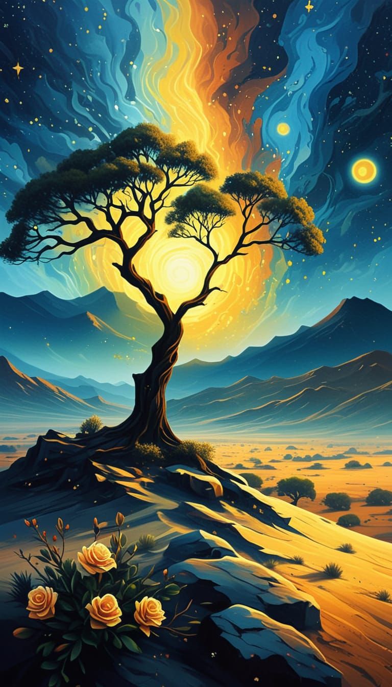 Twilight Desert Landscape with Majestic Tree
