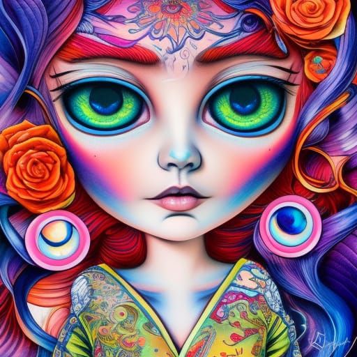 Big-Eyed Doll: Acrylic Ink Flow in Japanese Art Style