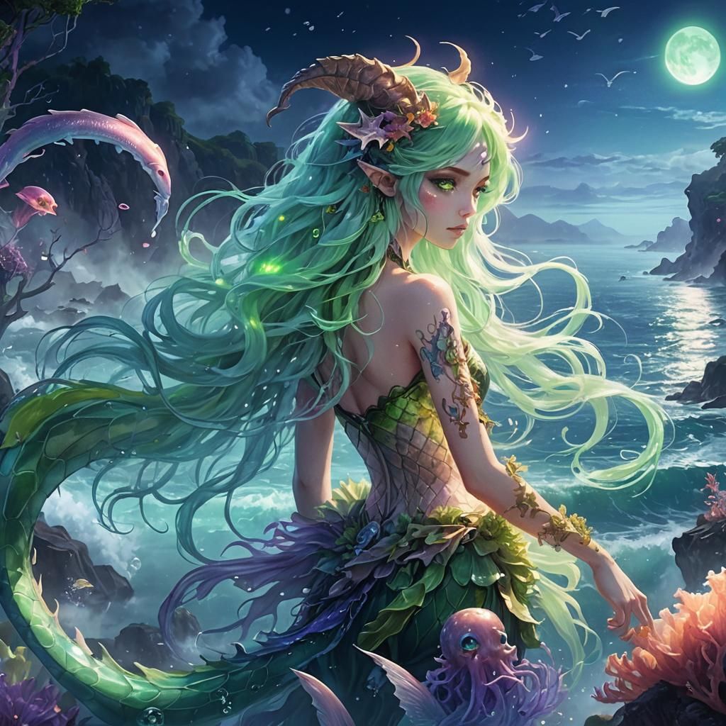 Anime Mermaid in a Moonlit, Misty Fantasy