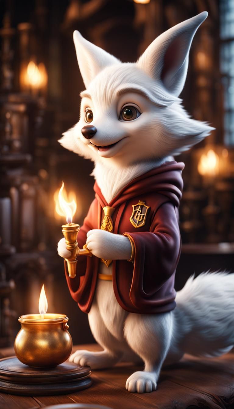 Cute White Fox in Hogwarts: Caricature Style