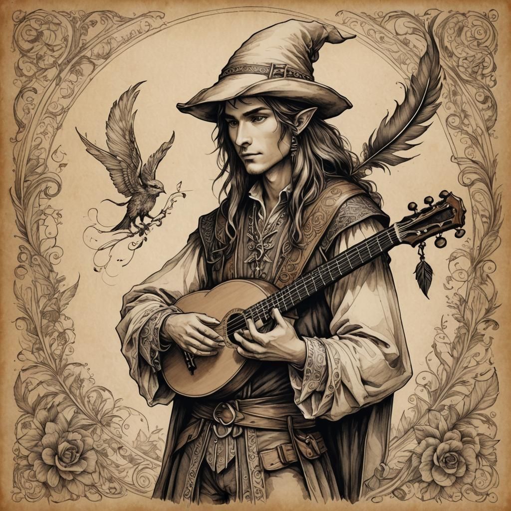 Half-Elf Bard with Lute: Renaissance Ink Drawing