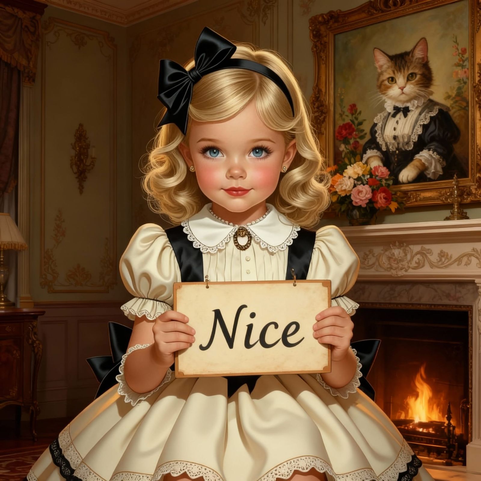 Girl Holds 'Nice' Sign in Victorian Room