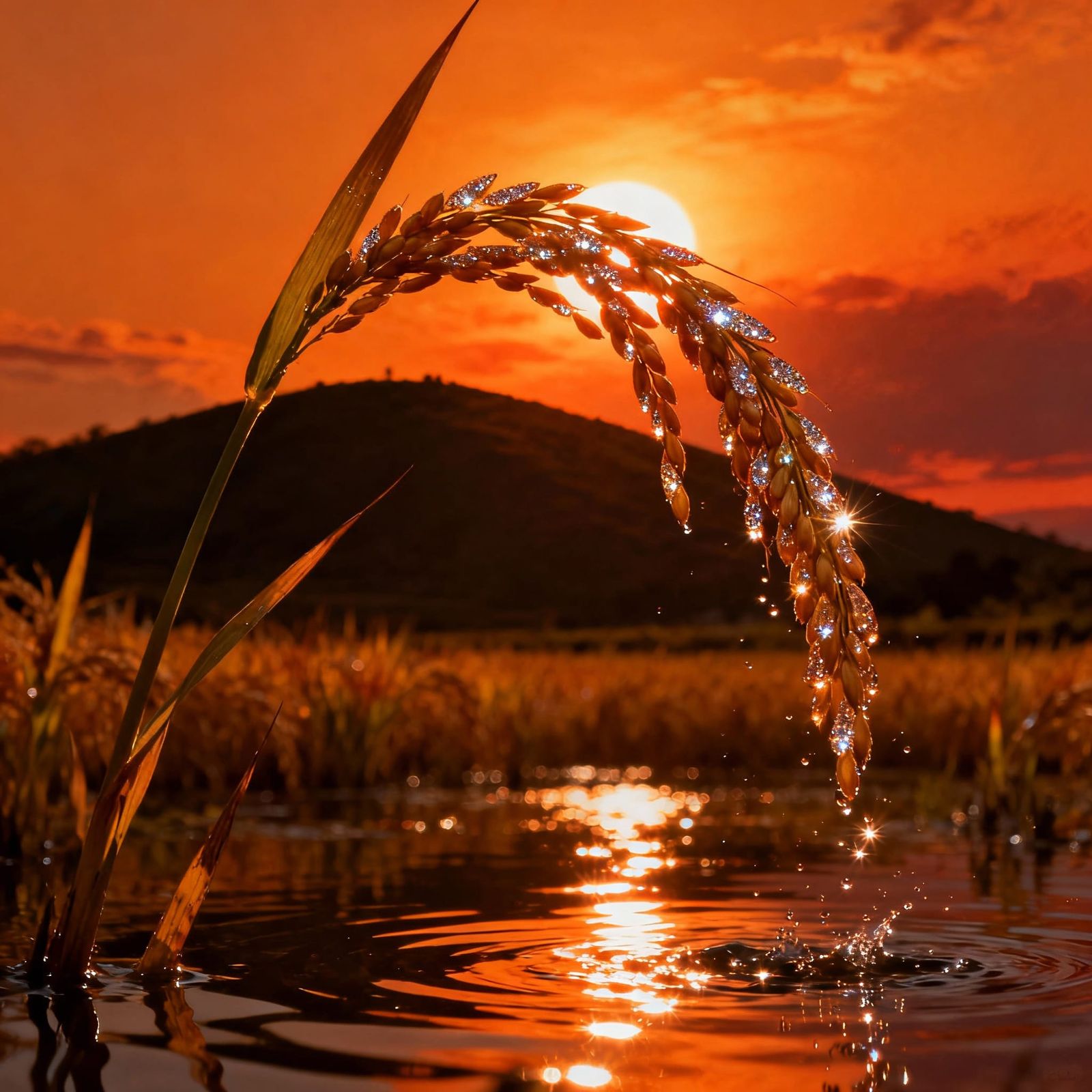 Golden Rice Ear at Dusk in Autumn Harvest