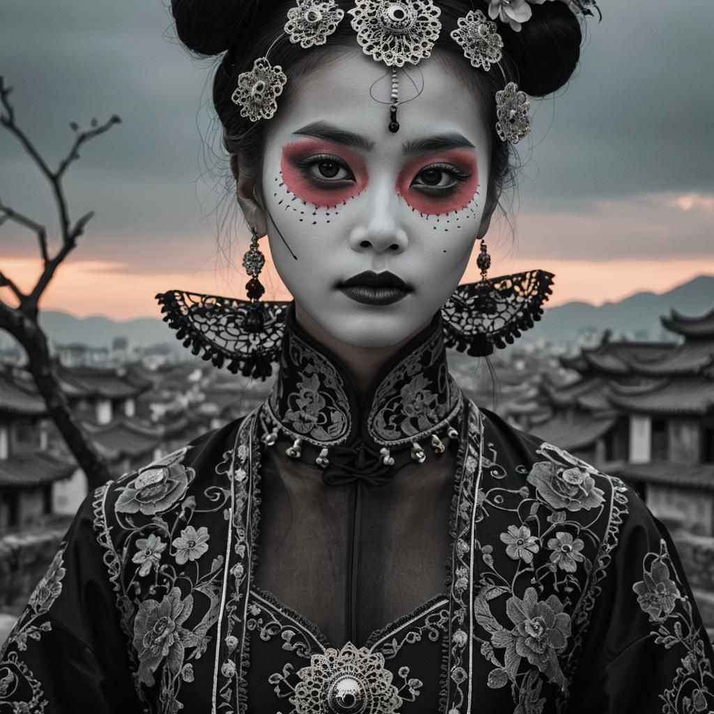 Chinese Woman in Catrina Costume, Black and White Portrait