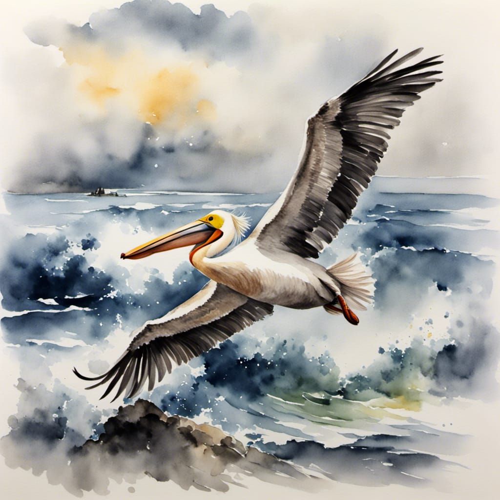 <lora:Ink Wash Painting:1.0> A pelican flies over the sea
