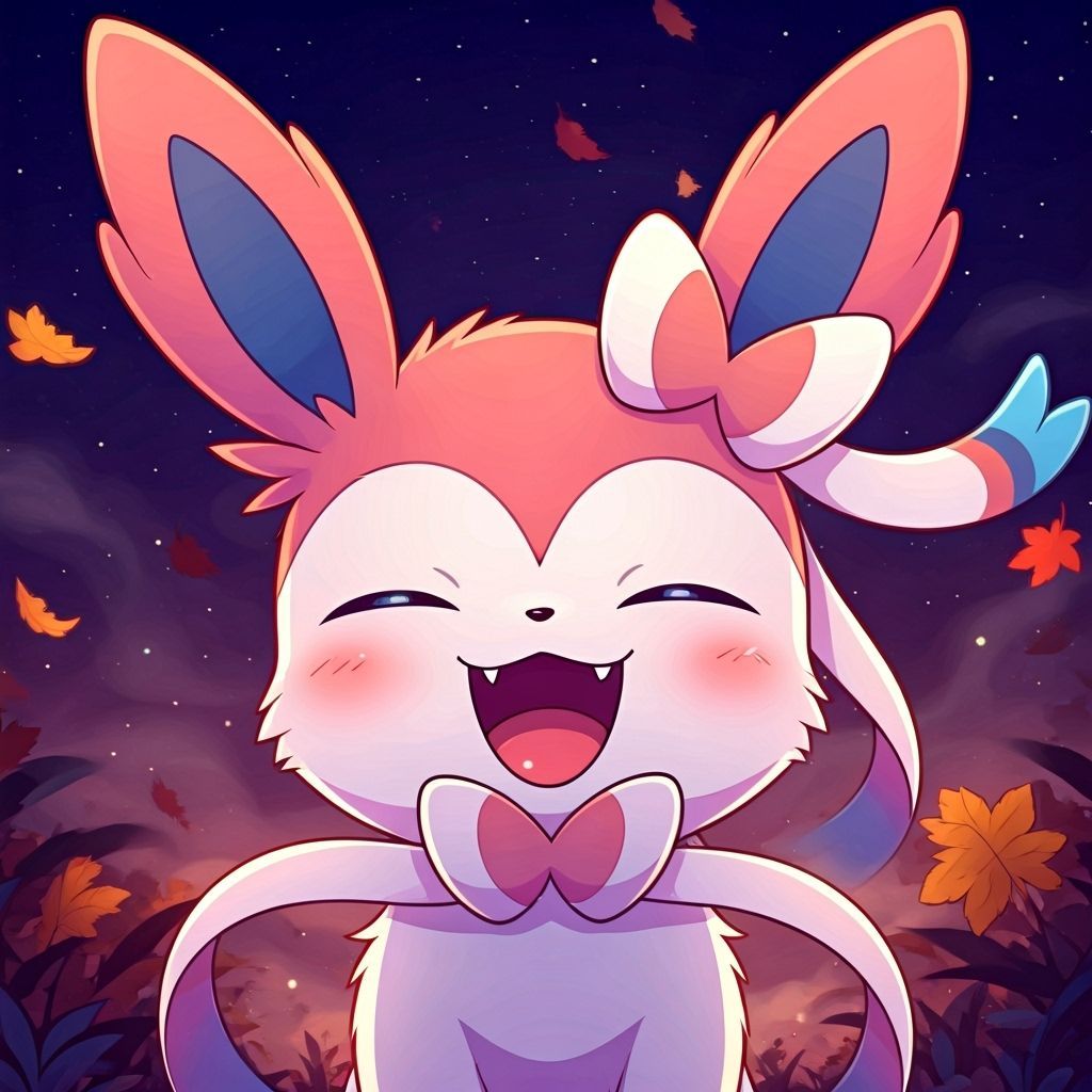 Chibi Sylveon Laughing Under Starry Autumn Sky