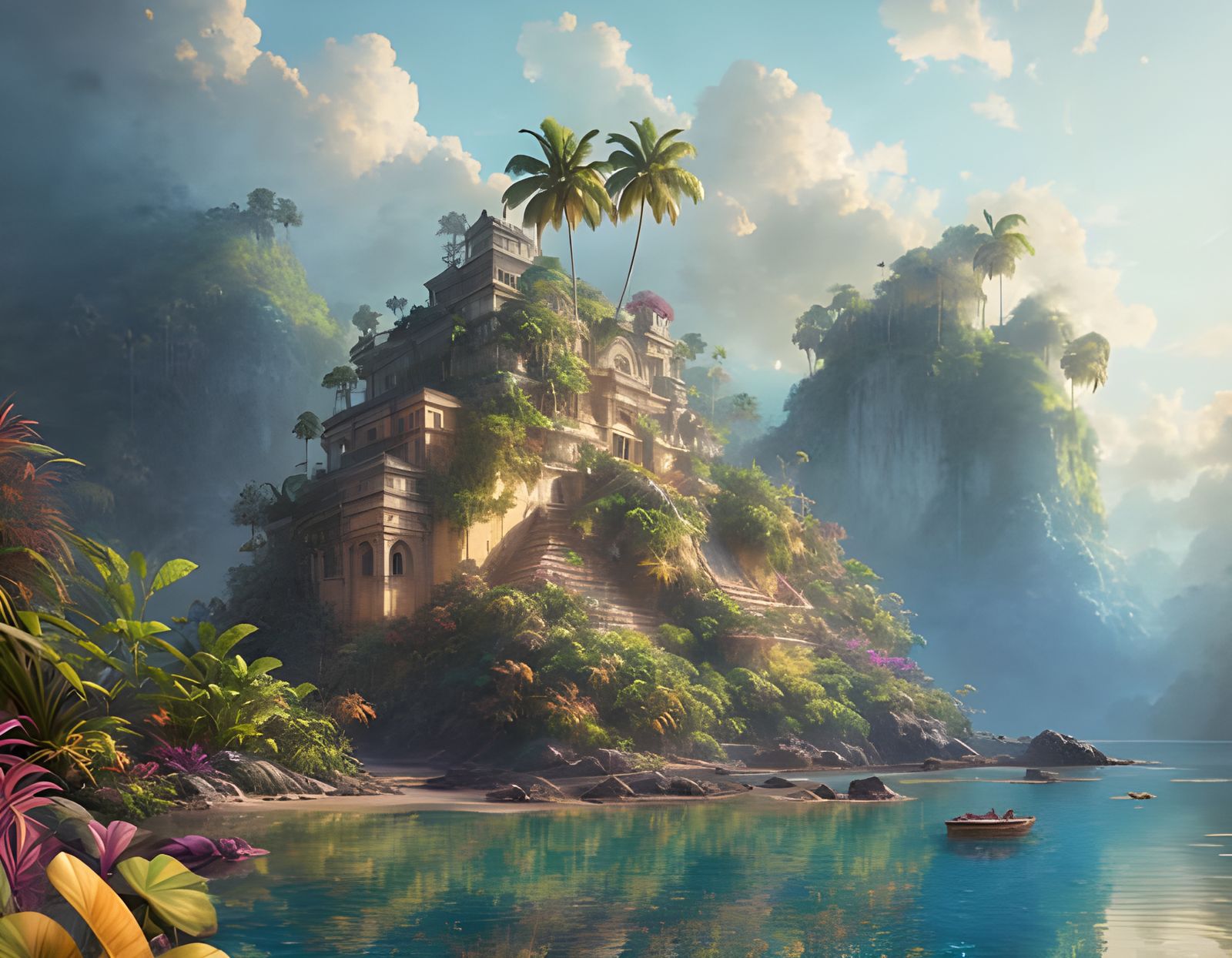 Lush Tropical Coastline with Mayan Ruins