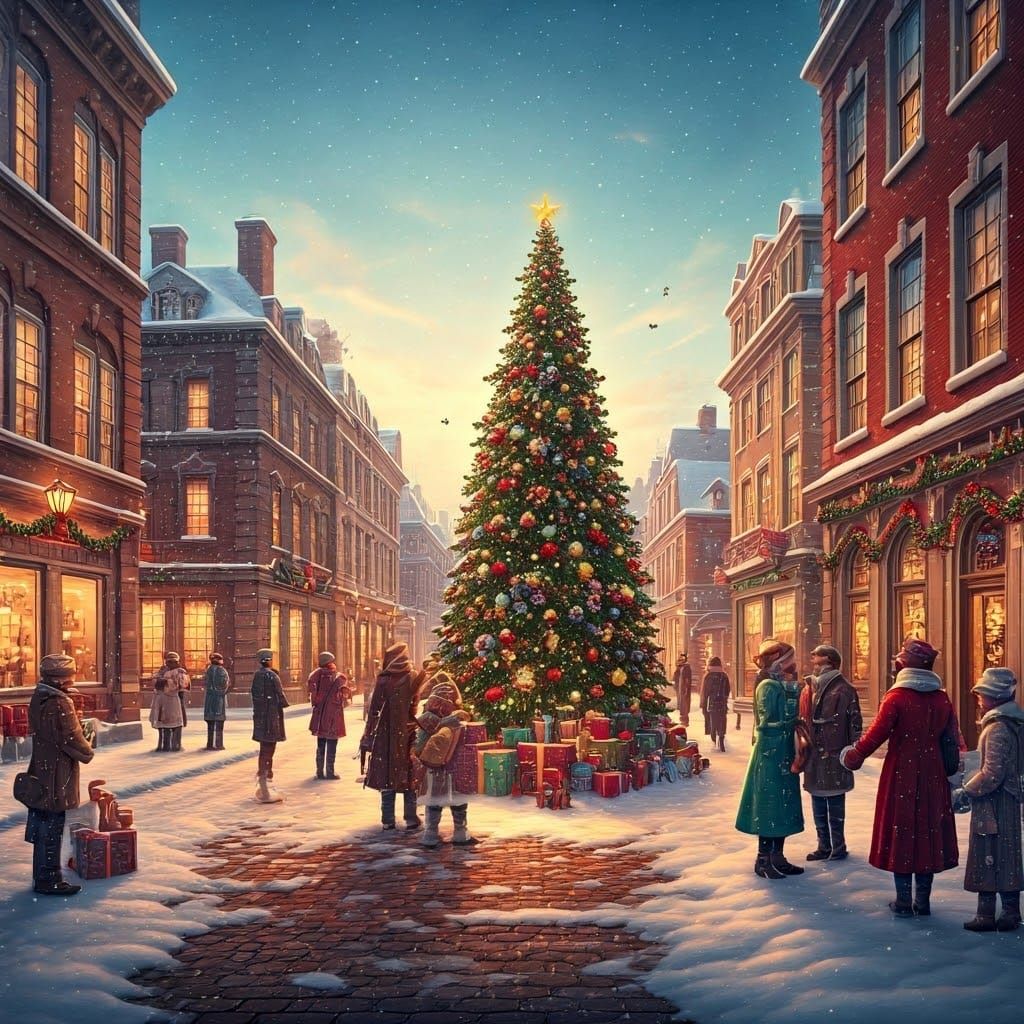 Festive Christmas Morning in Snow-Covered Town