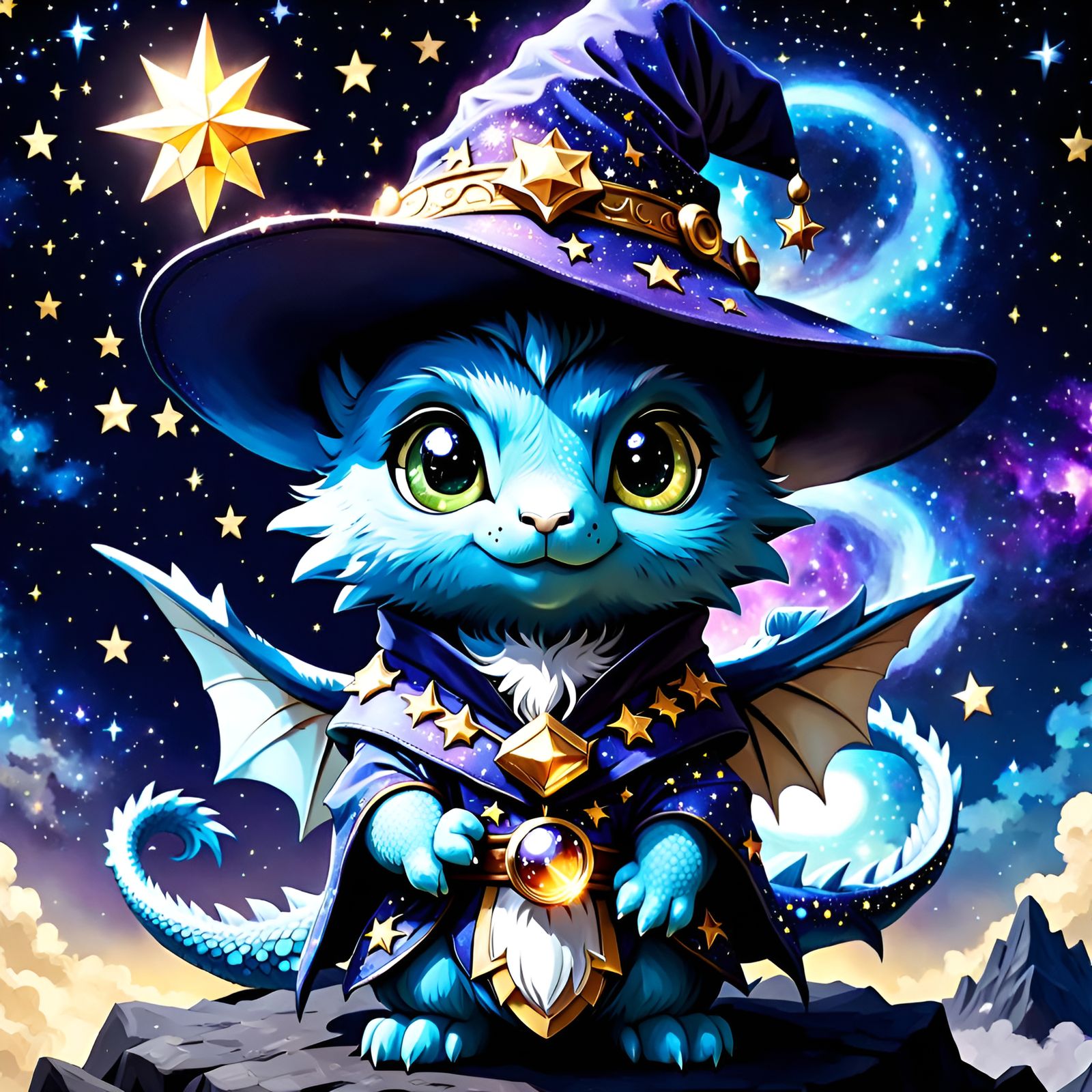 Adorable Anime Dragon Wizard in Starry Sky