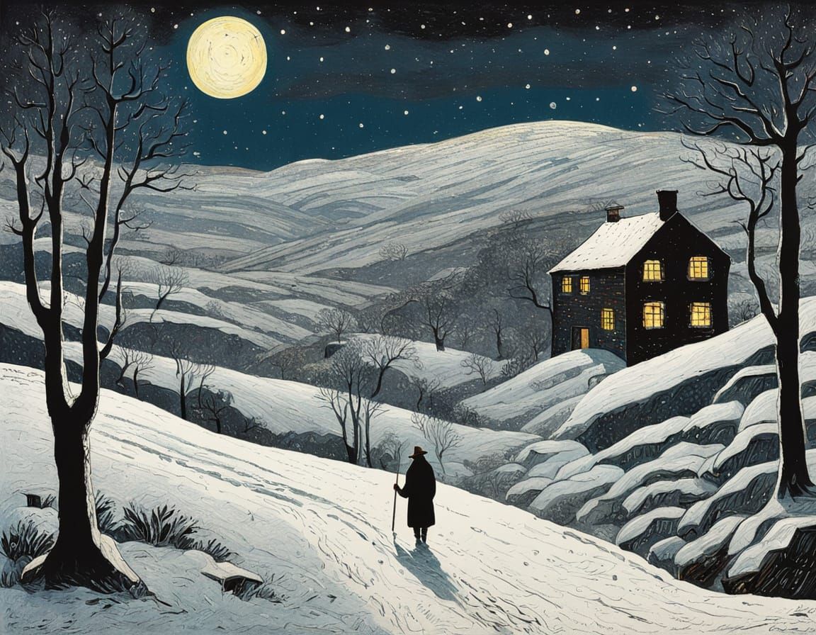 Cosy Valley Home Under Snowy Night Sky