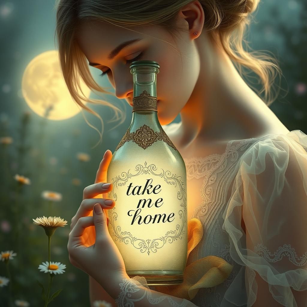 Ethereal Woman with Vintage Bottle in Moonlit Garden