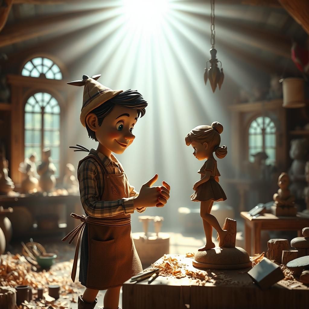 Pinocchio making himself a wood carving of a girlfriend to m...