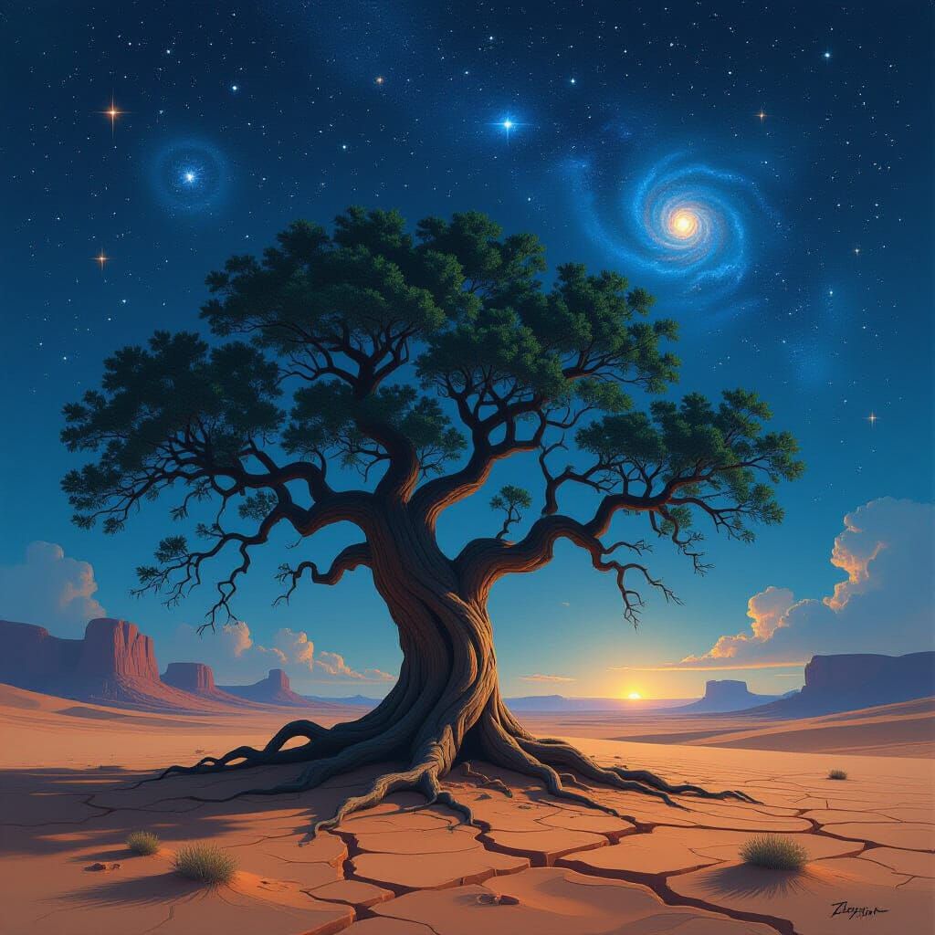 Ancient Desert Tree Under Cosmic Sky, Dark Fantasy Art