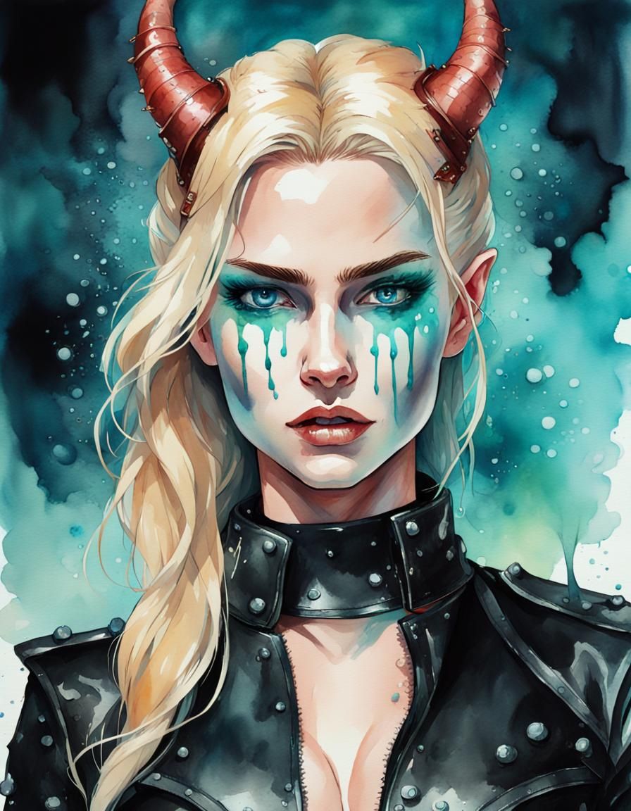 Watercolor Portrait of a Female Demon in Leather