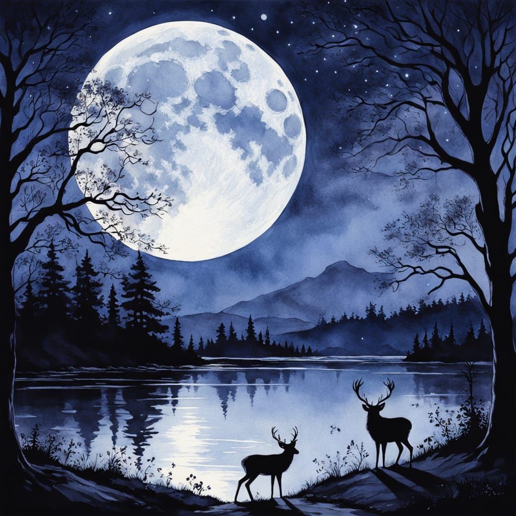 A dreamlike, moonlit landscape where the full moon hangs large and radiant in the sky, casting a soft, mysterious glow o...