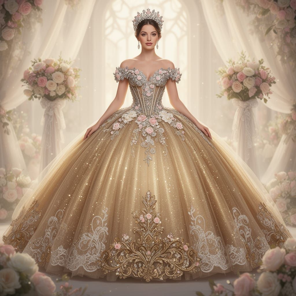 Gold Quinceanera Dress with Floral Embellishments