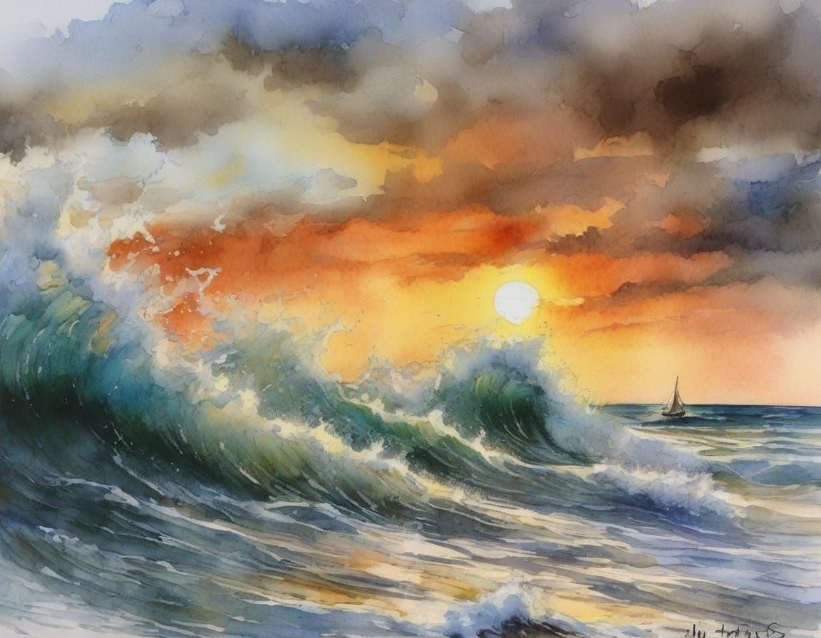 Impasto Watercolor Sunset with Crashing Waves