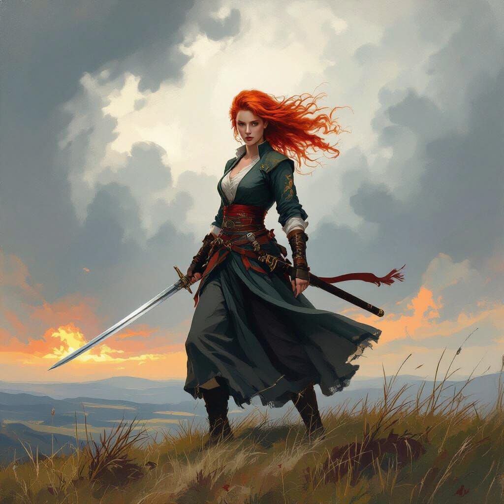Red-Haired Swordswoman on Windswept Hill, Fauvist Style