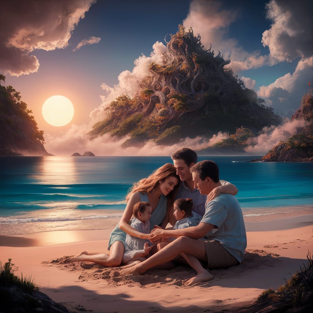 Sunset Beach Scene with Family and Fantasy Island