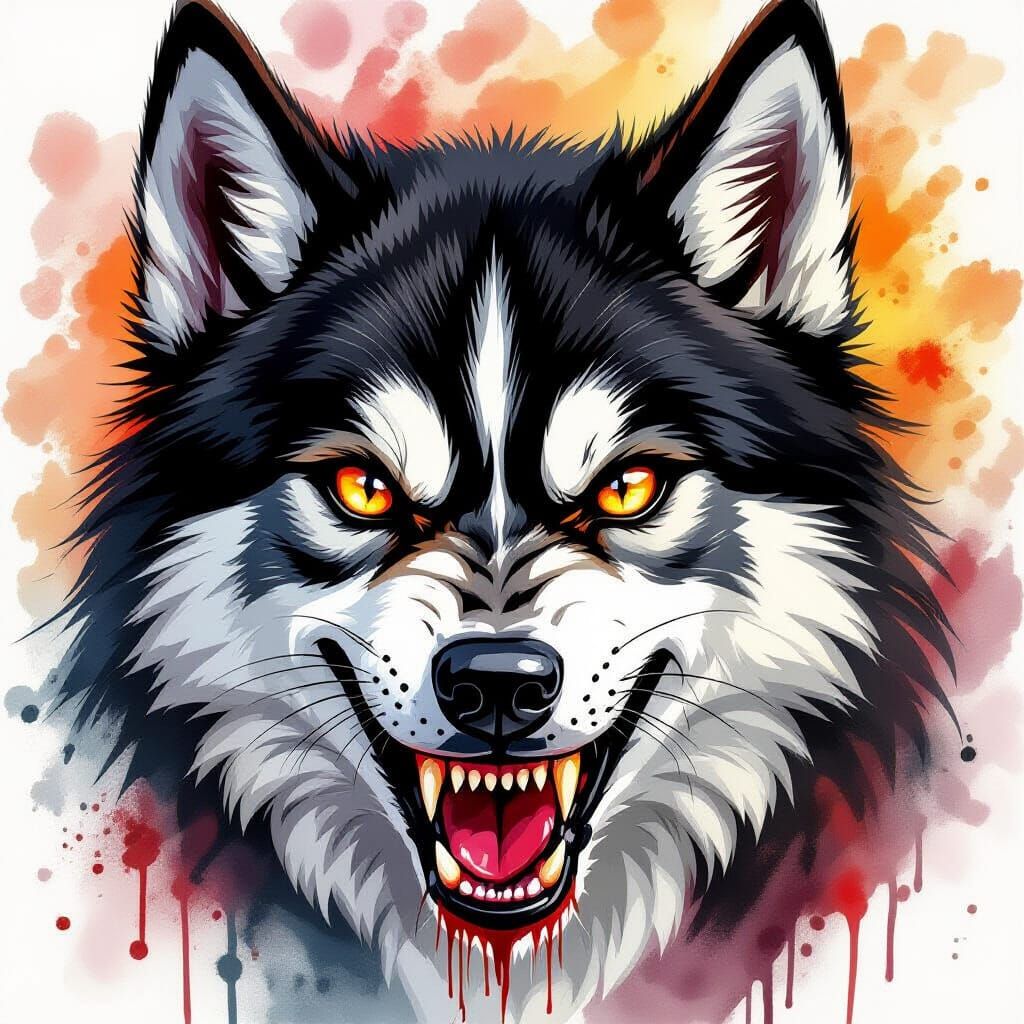 Evil Husky with Blood and Amber Eyes