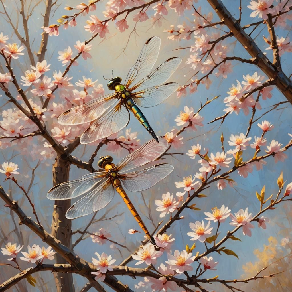 Dragonfly Near Cherry Blossom in Impressionist Oil Painting