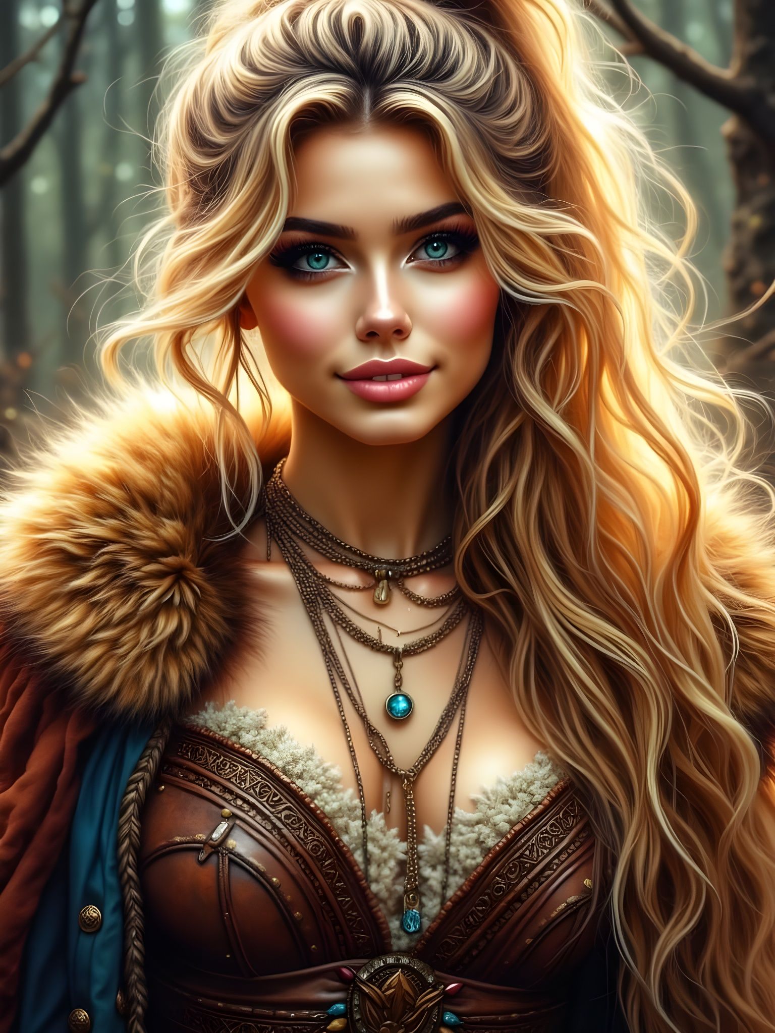 Golden Norse Goddess in Chain Mail and Fur Cloak