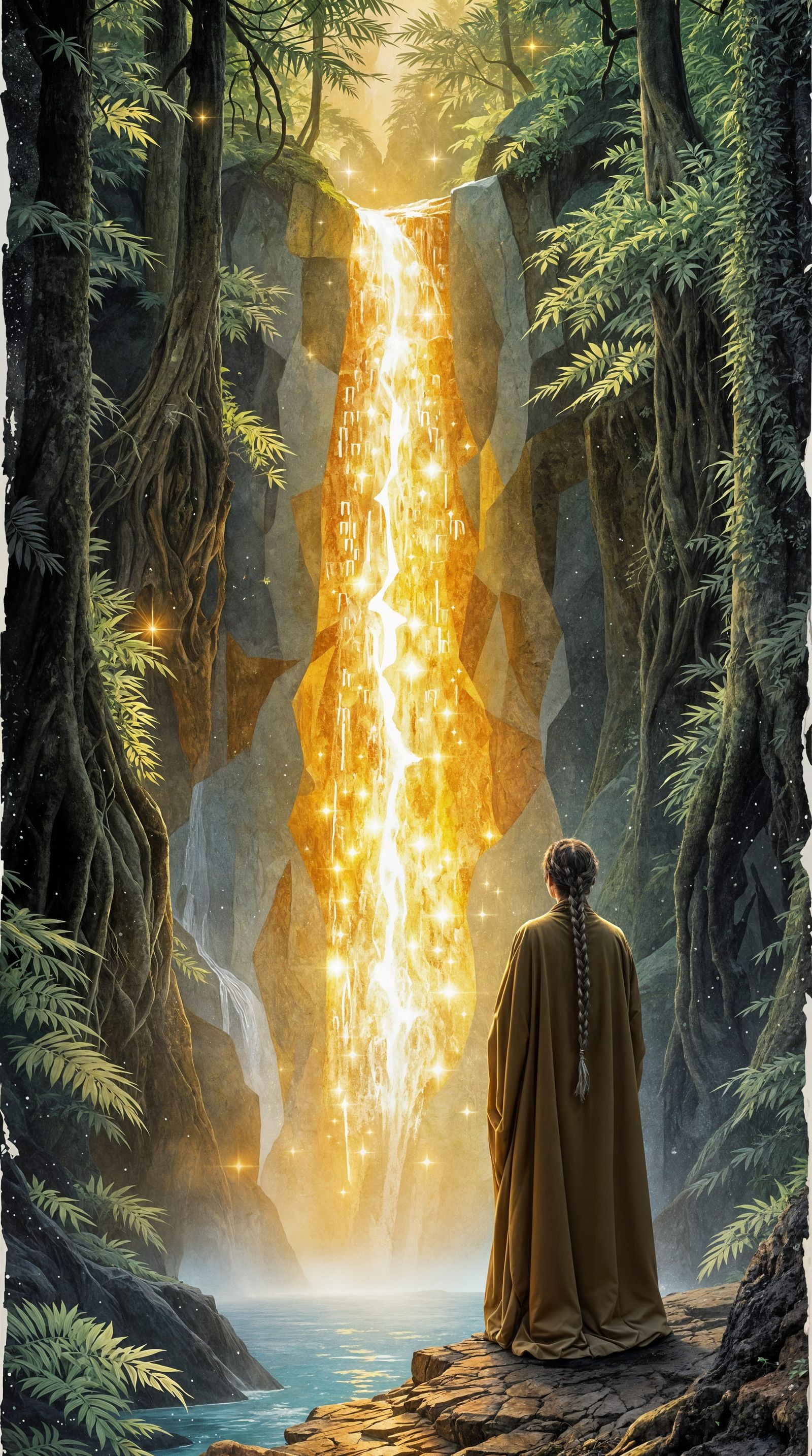 Surreal Pilgrim Transcends Radiant Waterfall in Sacred Fores...
