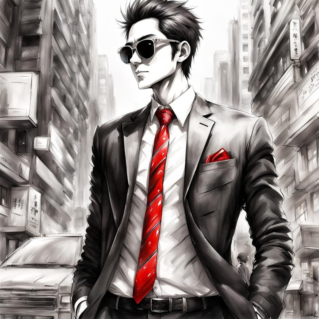 Monochrome Anime Man in Suit with Red Tie