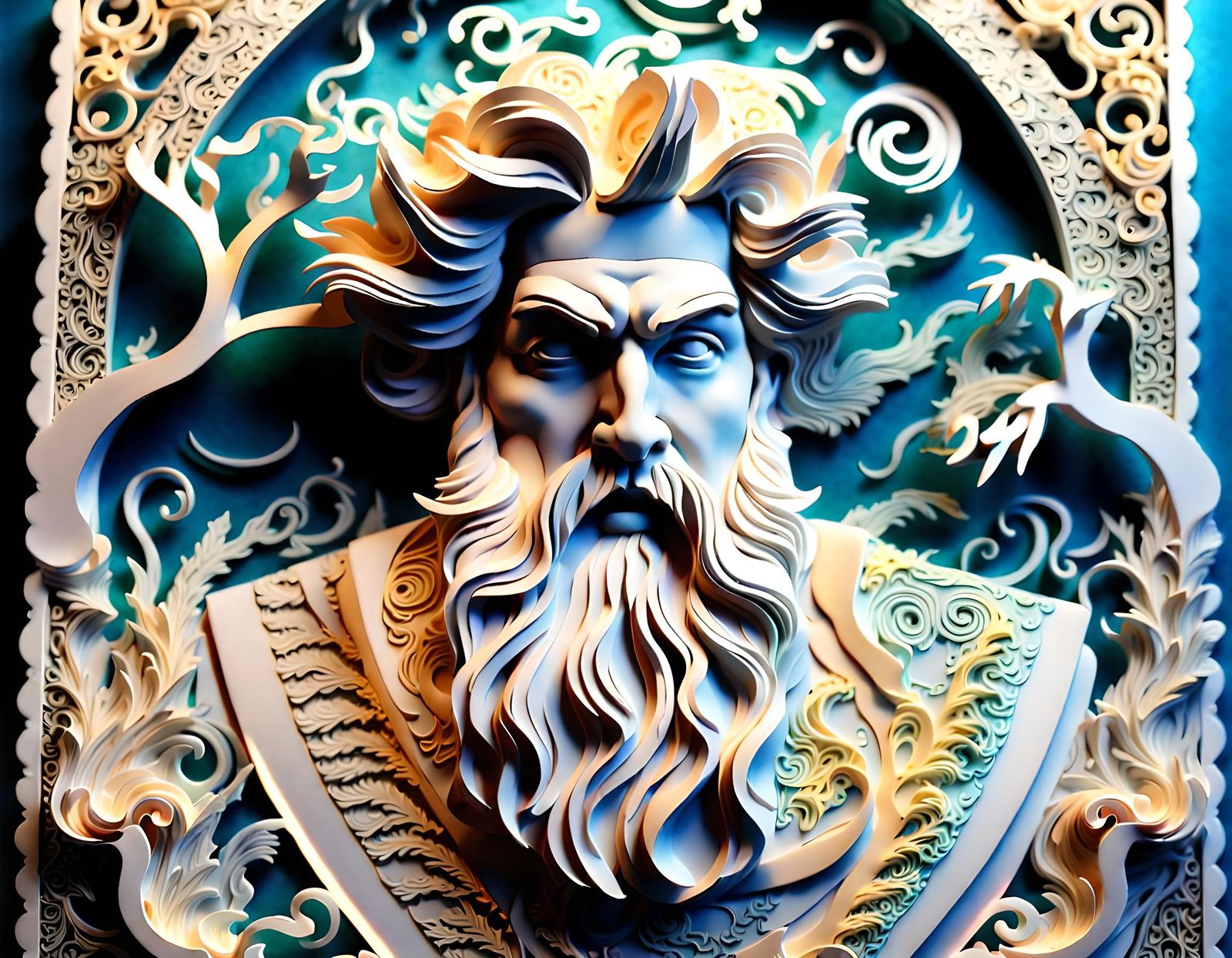 Intricate 3D Paper Cut Sculpture of Zeus