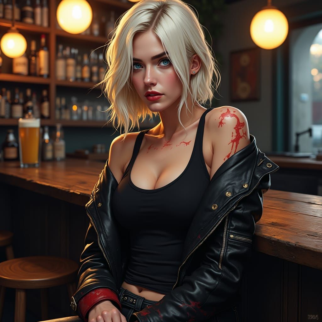 Blonde Woman at Bar in Gritty Realism Style
