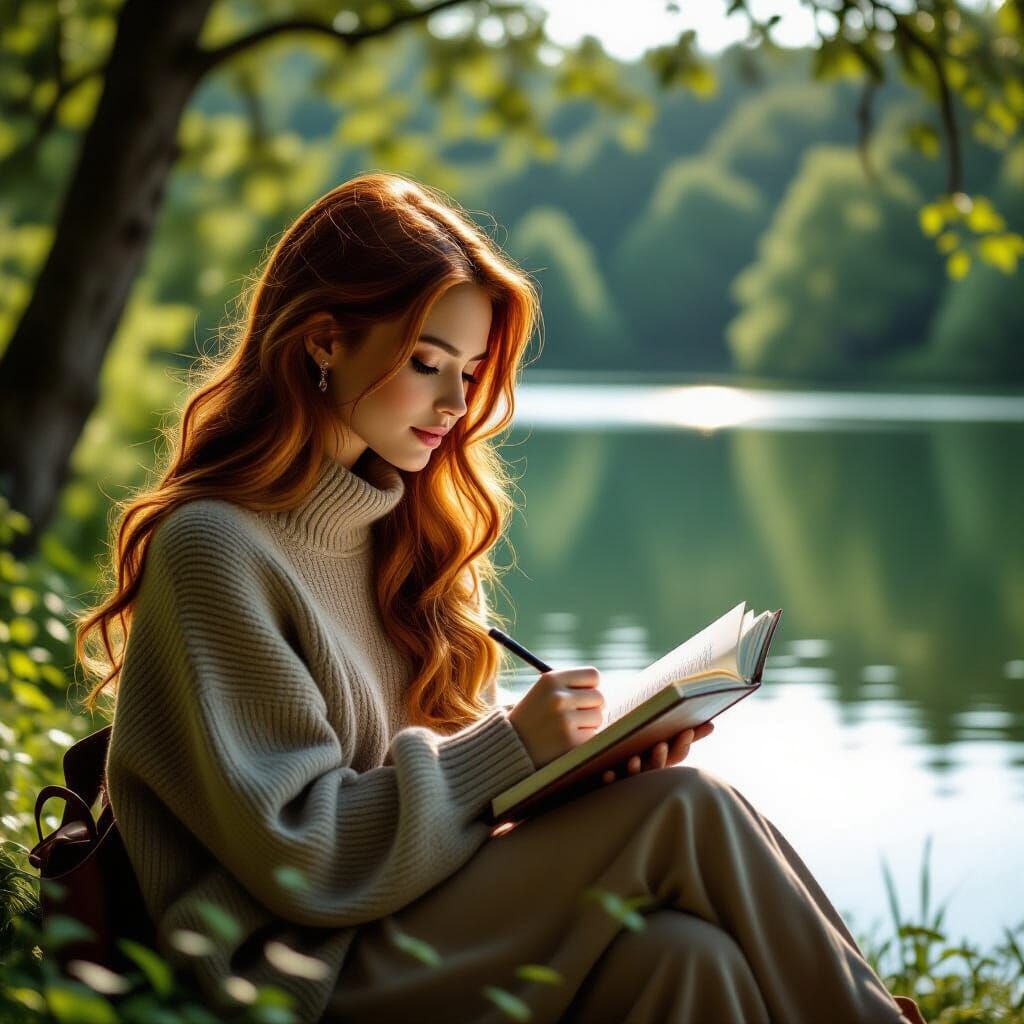 Auburn-Haired Woman Sketching by Lake: Analog Film Photo