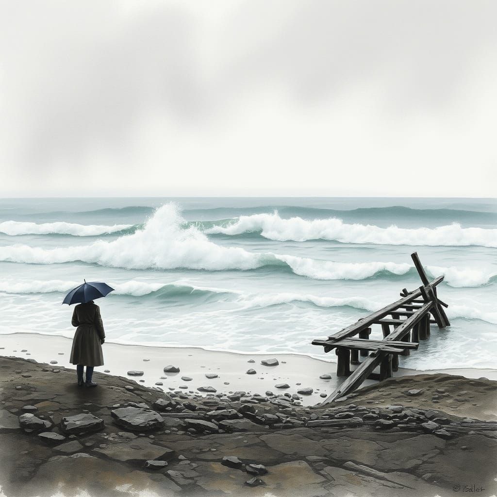 Melancholic Seashore in Watercolor Style