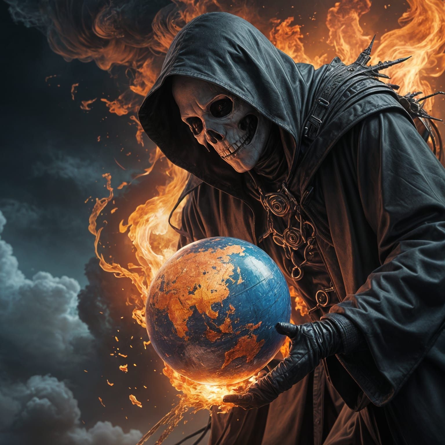 The grim reaper with his head replaced with a globe on fire hyperdetailed 8k resolution concept art intricately detailed...