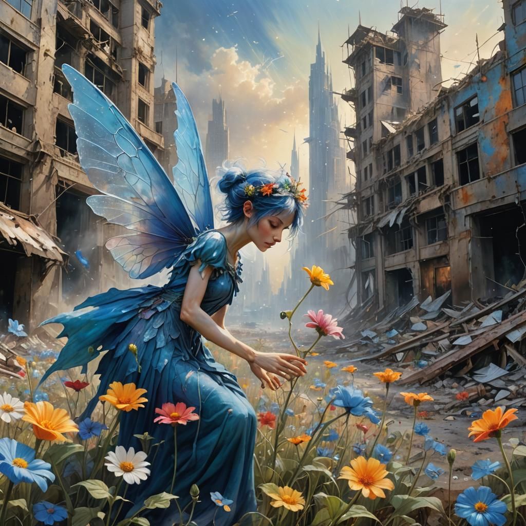 Blue Faerie Tending Flower in Blasted Landscape