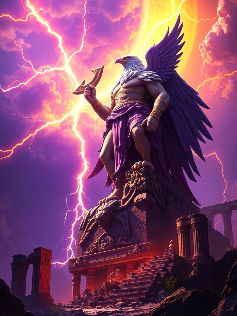 Zeus and Eagle in Glory, Dark Fantasy Art