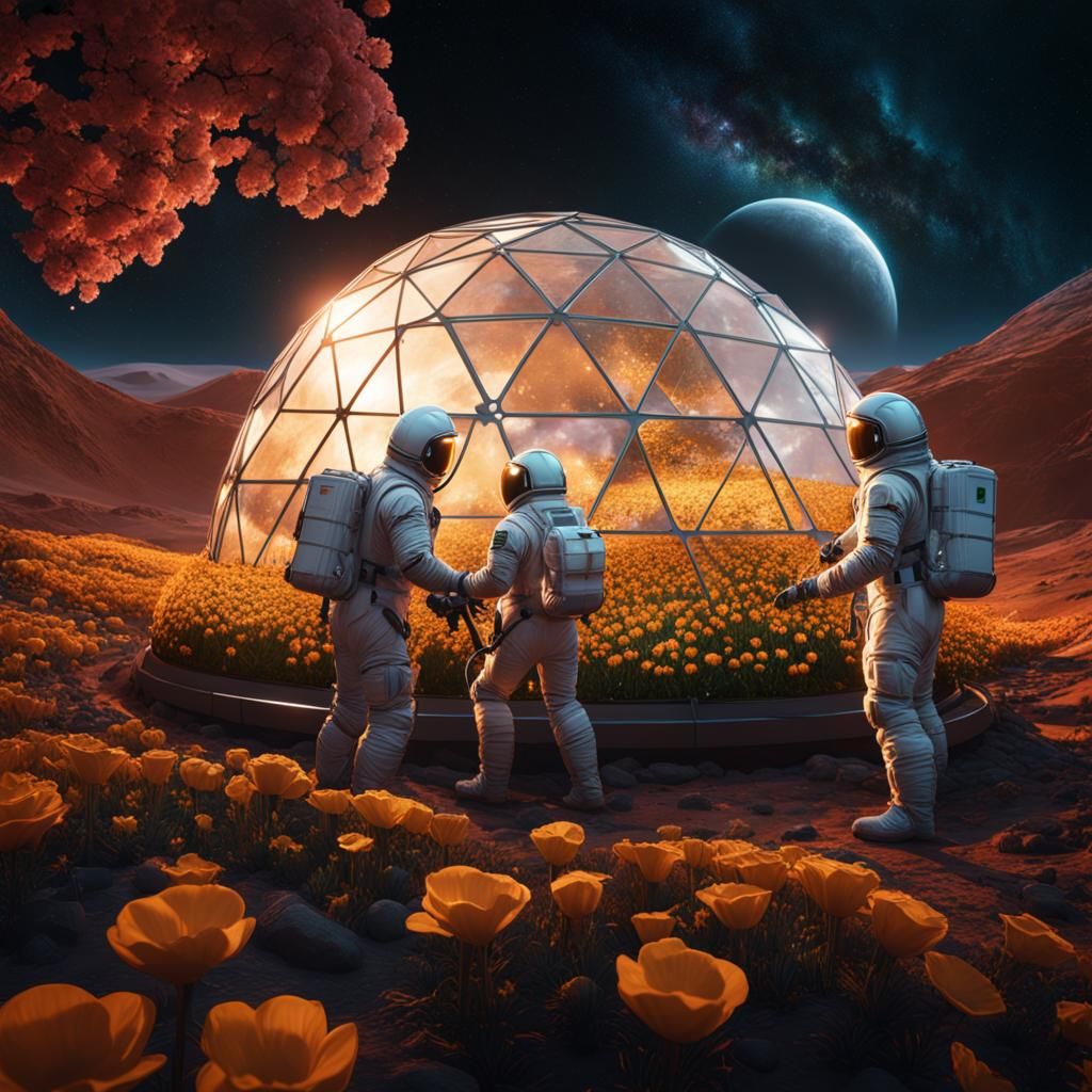 Astronauts Tend Lunar Garden: Detailed Matte Painting