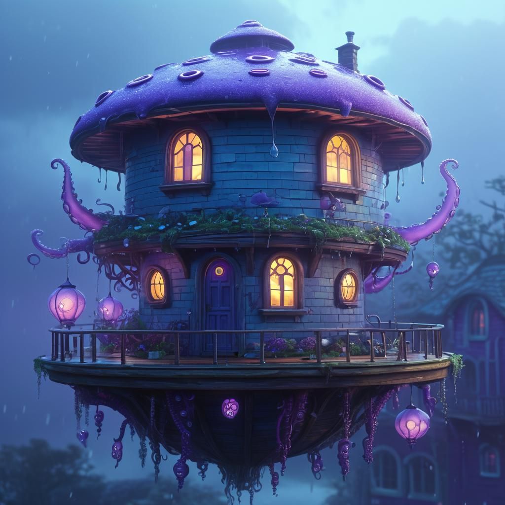 Levitating House with Slug in Dreamy Fantasy Art