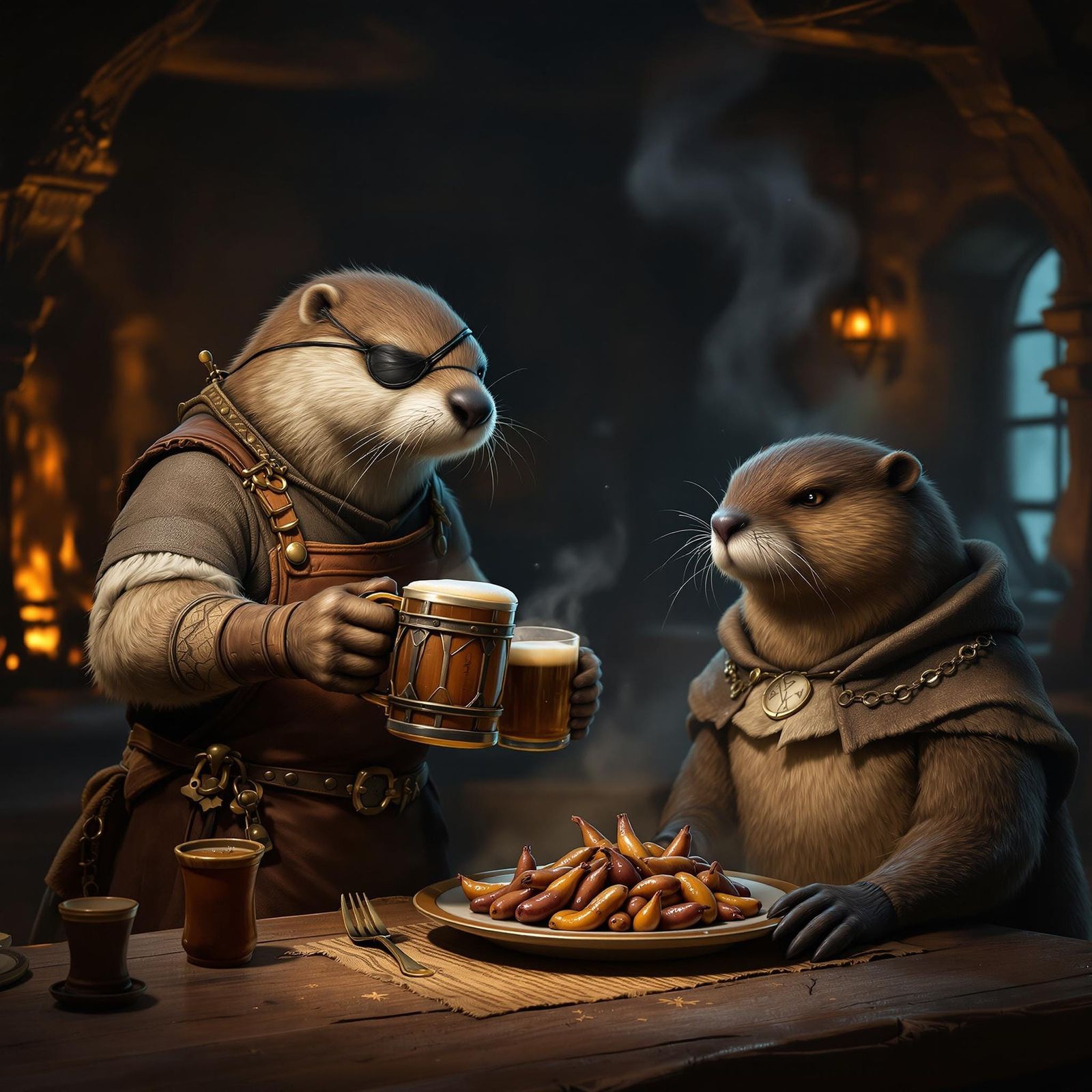 Anthropomorphic Otter Tavern Scene in Matte Painting Style