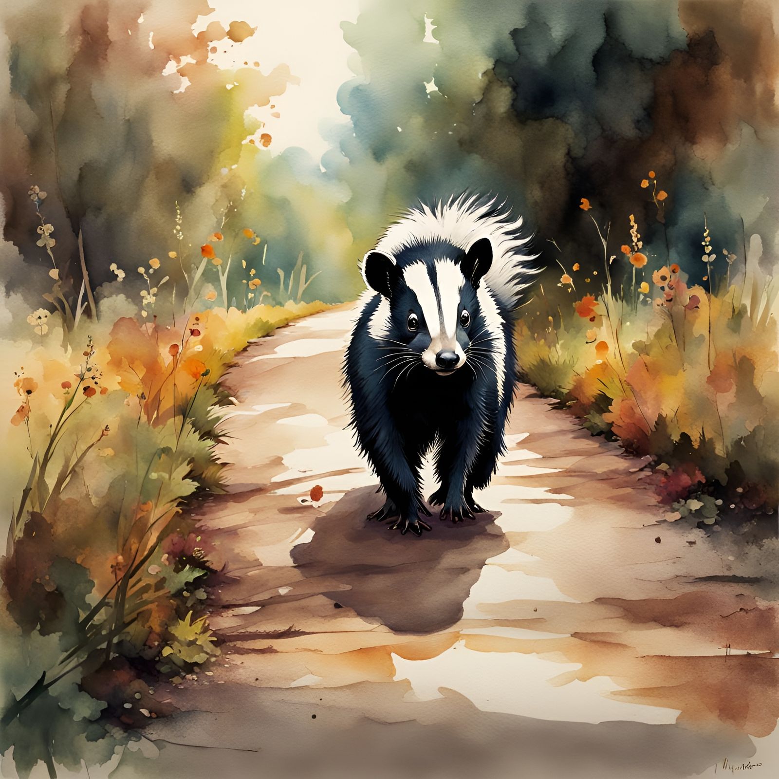 Cute Skunk Walks Country Road in Watercolor Illustration
