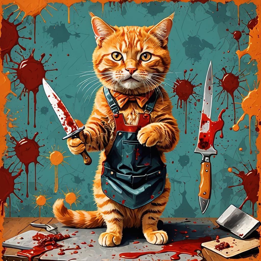 Anthropomorphic Cat with Knife in Expressionist Style