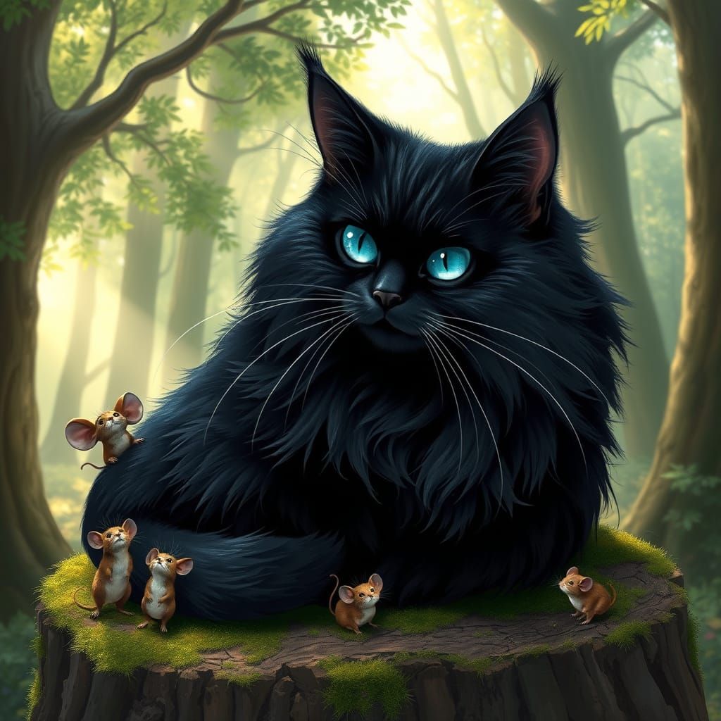 Majestic Black Cat Surrounded by Whimsical Mice
