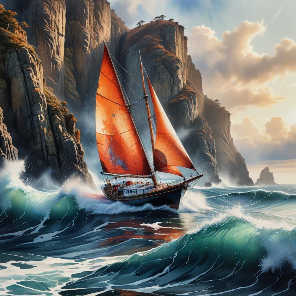 Sailboats Navigating Rough Seas: Watercolor Maritime Scene