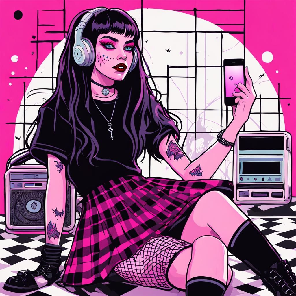 Vampire Goth Girl Portrait in Flat Design Cartoon Style