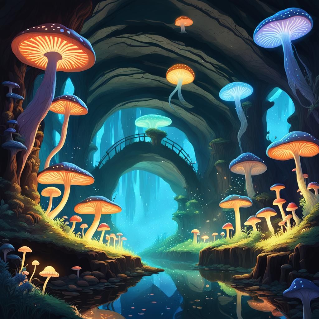 Bioluminescent Subterranean City in Ghibli Style