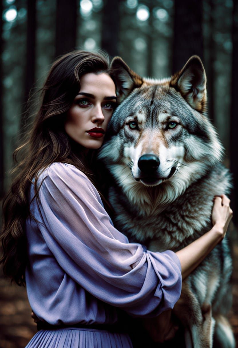 Gray-Eyed Beauty Embraces Majestic Gray Wolf Under Full Moon
