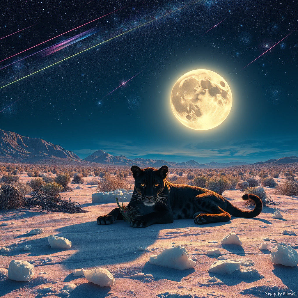 Nocturnal Jaguar in Crystalline Savanna Under Rainbow Moon