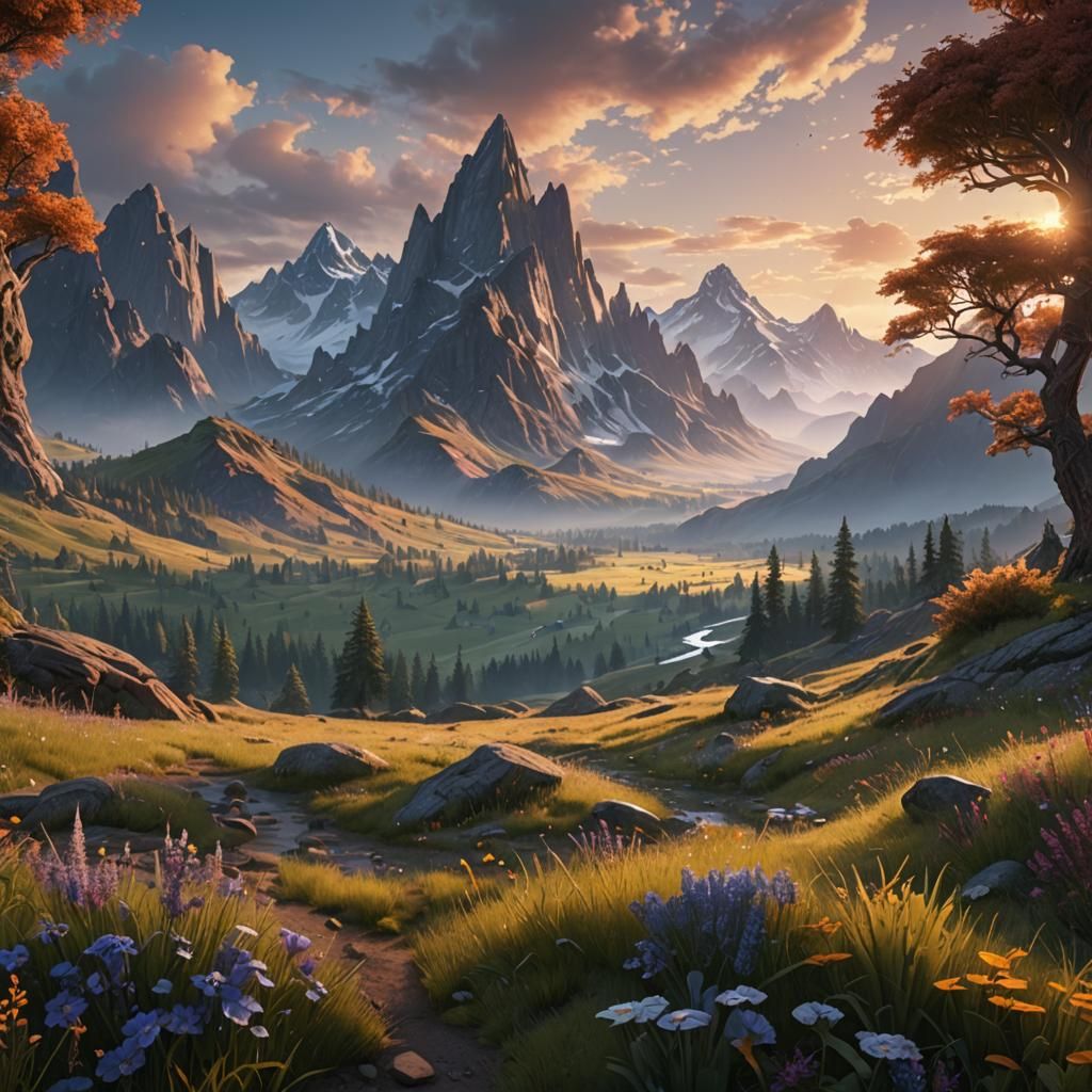 Mountains and Meadow at Sunrise: Detailed Matte Painting