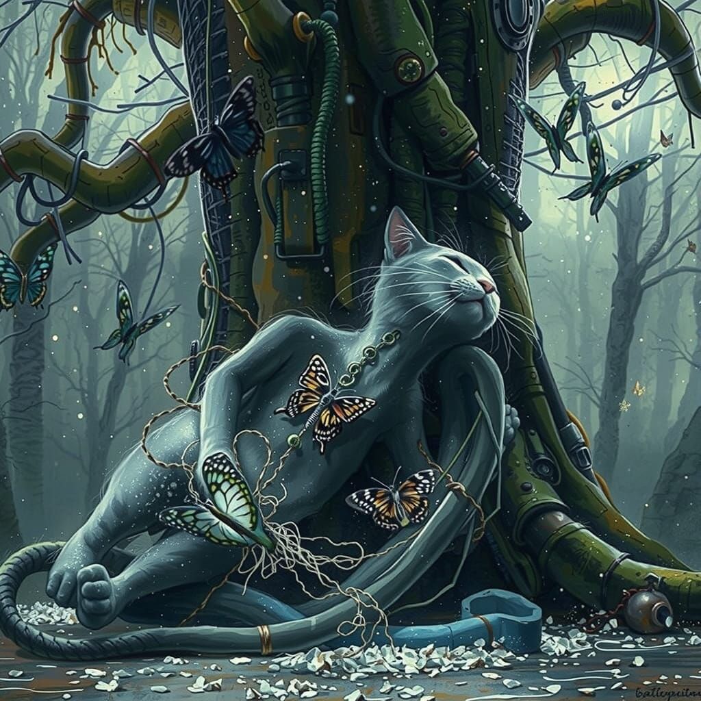 Steampunk Cat Escaping Vacuum Cleaner in Watercolor