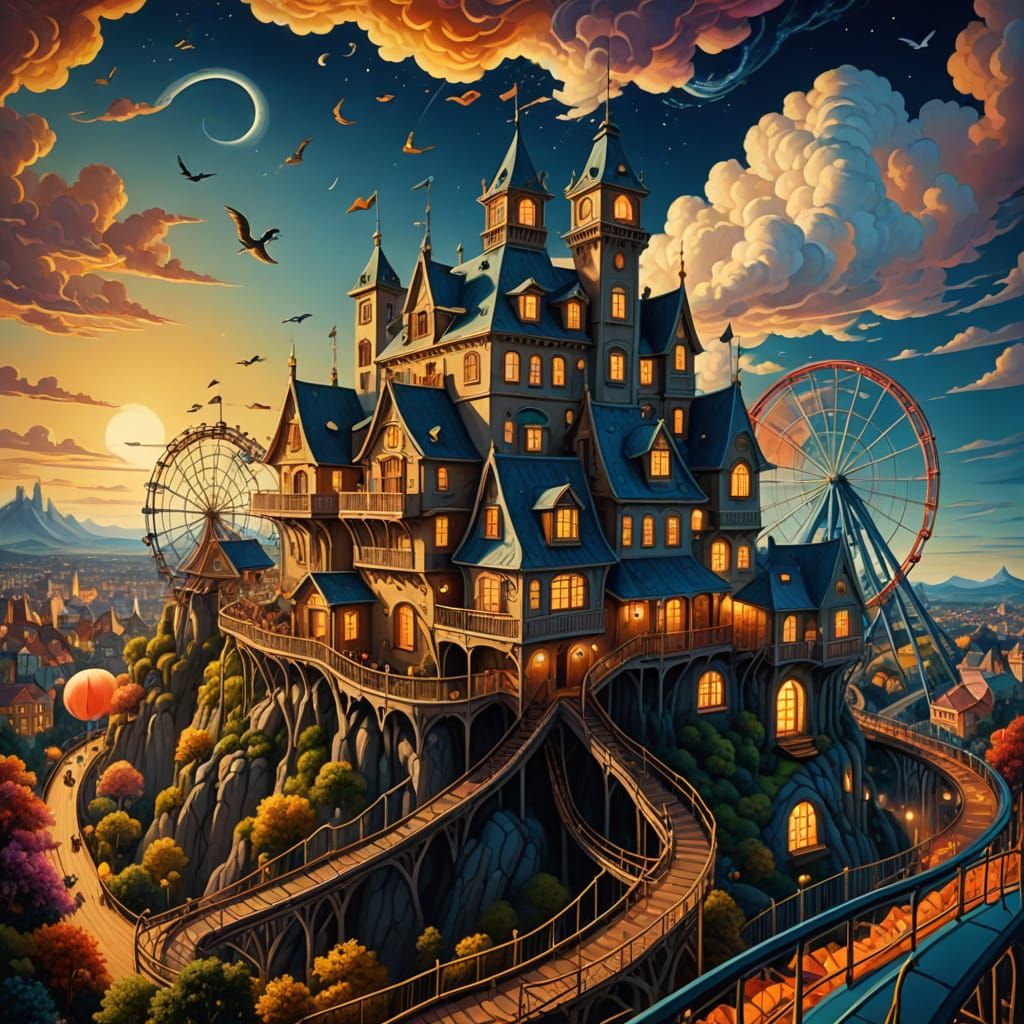 House with Amusement Park Roof in Surreal Style
