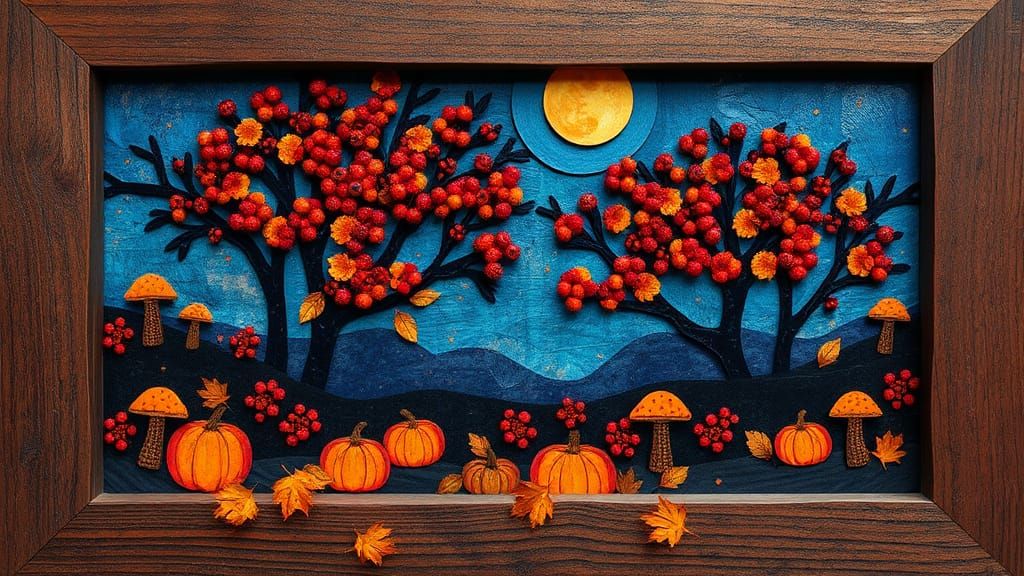 Autumn Night Paper Collage in Rustic Frame